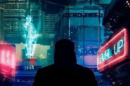 Сцена из сериала „Бегущий по лезвию 2099“ Персонаж из сериала „Бегущий по лезвию 2099“ — футуристическая сцена киберпанк-шоу