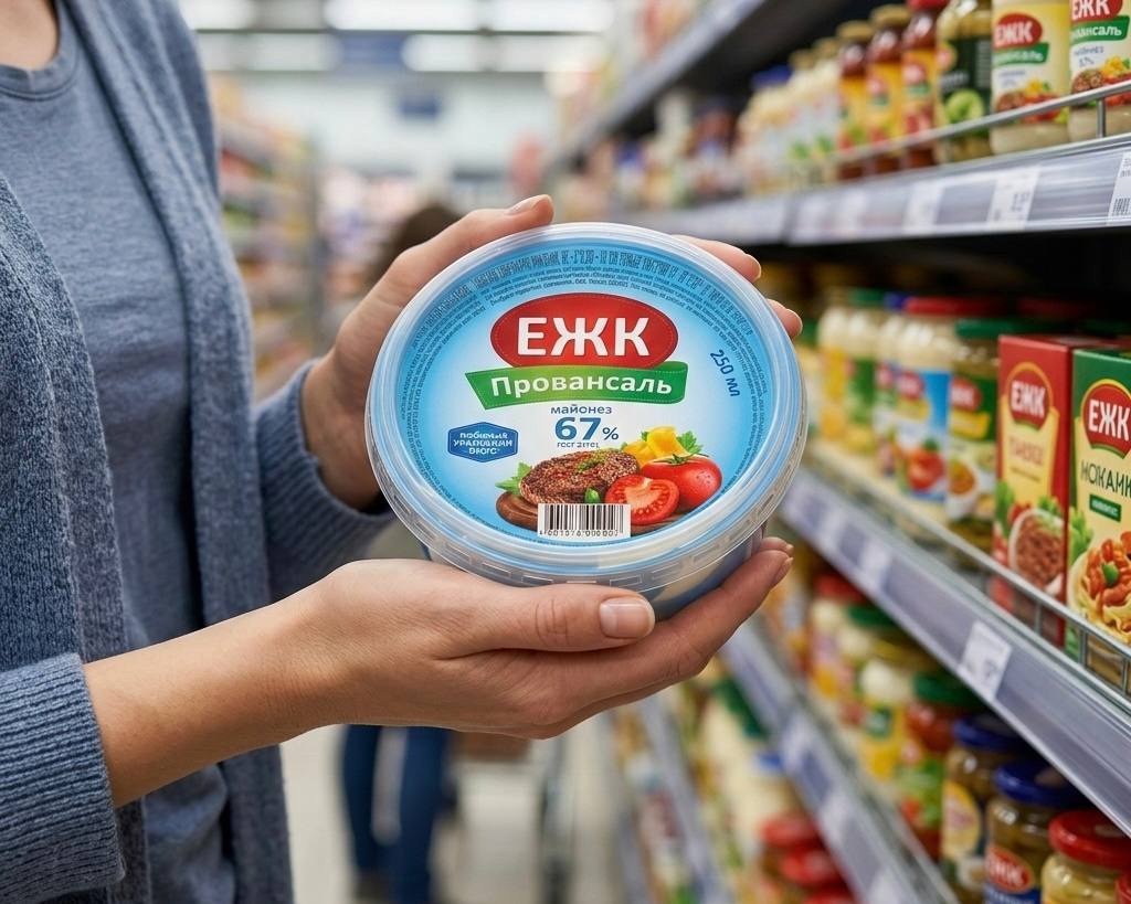 Девушка держит упаковку майонеза «Провансаль ЕЖК» в магазине 