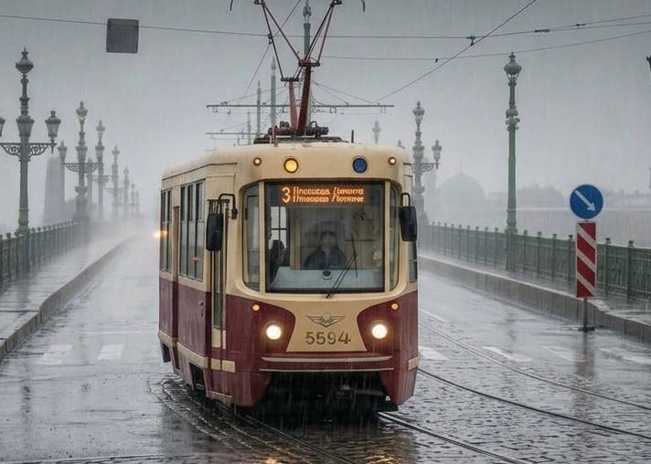 Трамвай едет по мосту