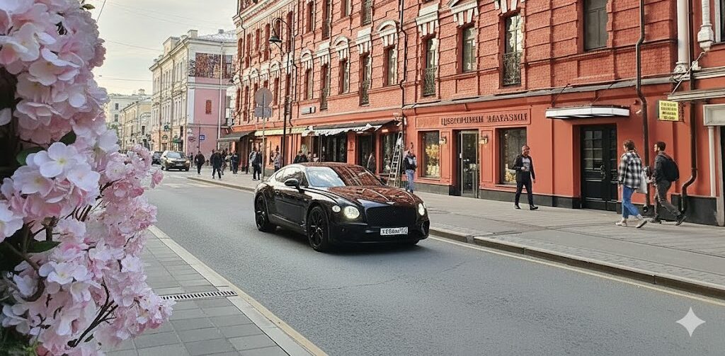 Машина на Патриарших прудах в контексте современной городской жизни Автомобиль на улице Патриарших прудов — часть городской сцены и плотного трафика района